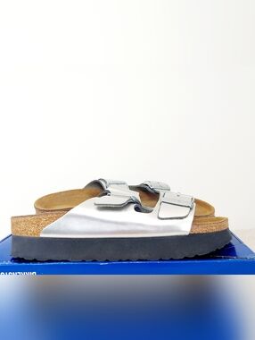 Birkenstock Arizona Papillio Metallic Silver Platform Slide Sandal Womens Size 8